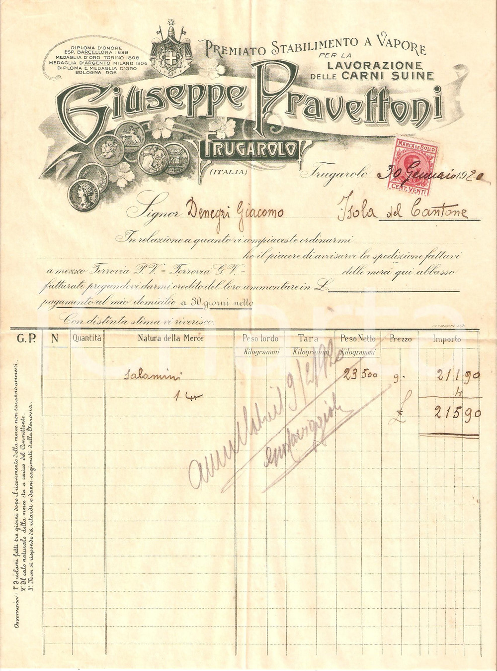 Oggetto da collezione cartaceo 1920 FRUGAROLO AL Giuseppe PRAVETTONI Premiata fabbrica salumi Fattura 5 1