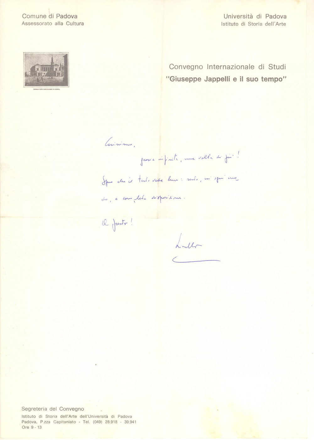 Autografo originale 1977 PADOVA Lettera Lionello PUPPI per ringraziamento a un collega AUTOGRAFO 1