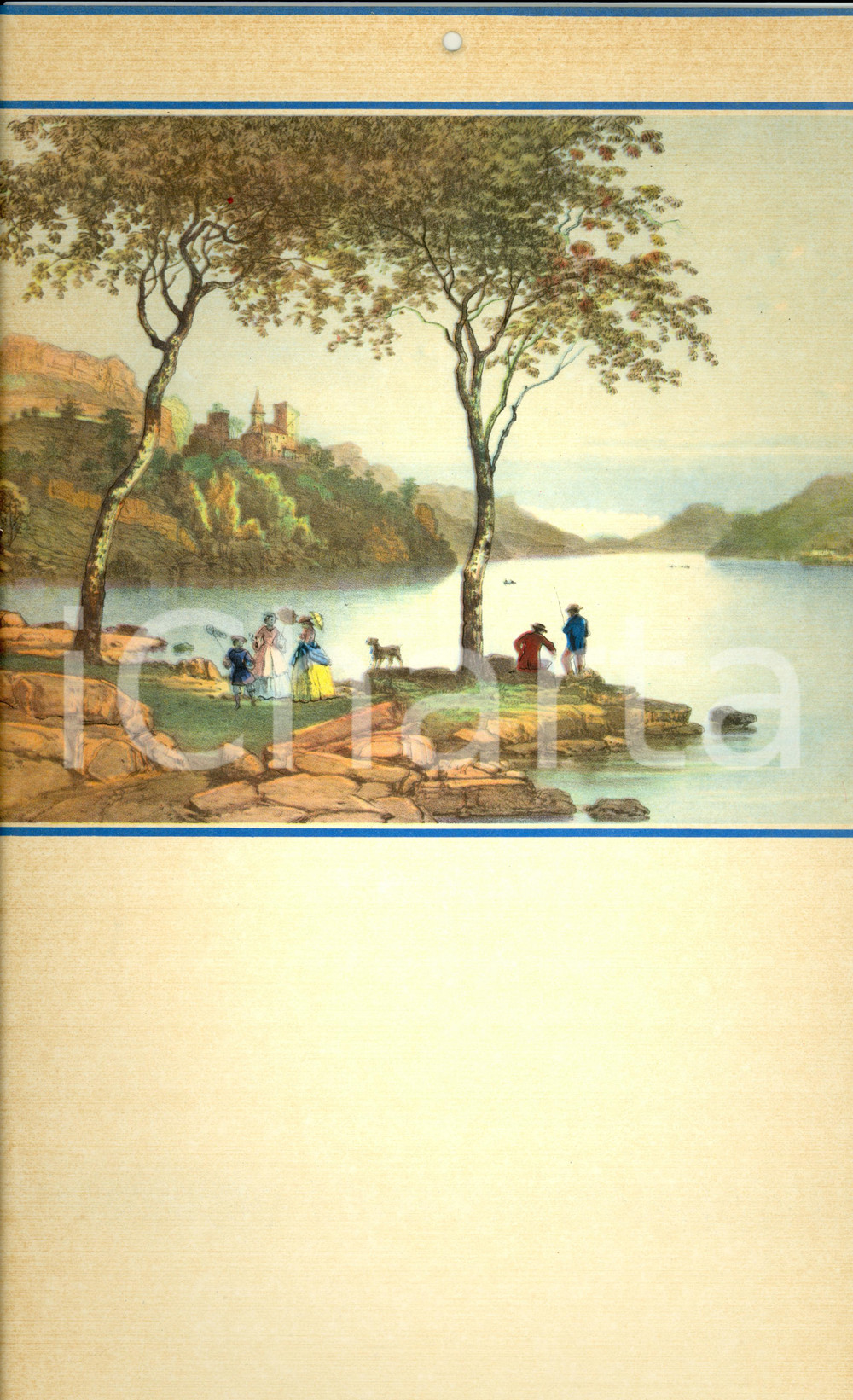 Oggetto da collezione cartaceo 1955 ca ITALIA MODERNARIATO Calendario perpetuo VINTAGE Scena lago 24x44 5 1