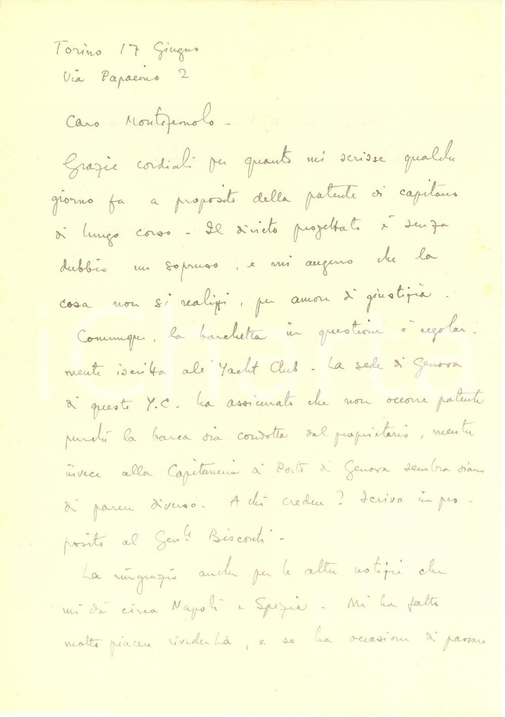 1947 Giorgio CORDERO DI MONTEZEMOLO - Ripresa del servizio in Marina AUTOGRAFO Lettera interamente autografa, inviata da Giorgio Cordero di Montezemolo dalla nave sulla quale si era imbarcato, dopo il ritorno alla navigazione in seguito alla fine della guerra.Cordero di Montezemolo era stato prigioniero di guerra in India dopo la battaglia di Capo Matapan del 1941.PAGINE: 1 (2 facciate)  GOOD/buono piegature d'epoca Formato: 20x30 cm originale e autentica 1