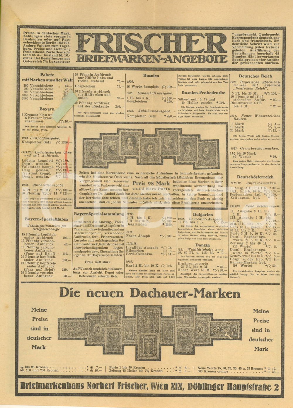 Materiale pubblicitario d’epoca 1930 ca WIEN Briefmarkenhaus NORBERT FRISCHER  Listino pubblicitario 1