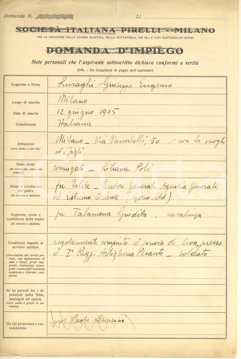 Autografo originale 1930 MILANO Giuseppe Eugenio LURAGHI  Domanda d impiego PIRELLI AUTOGRAFO 1