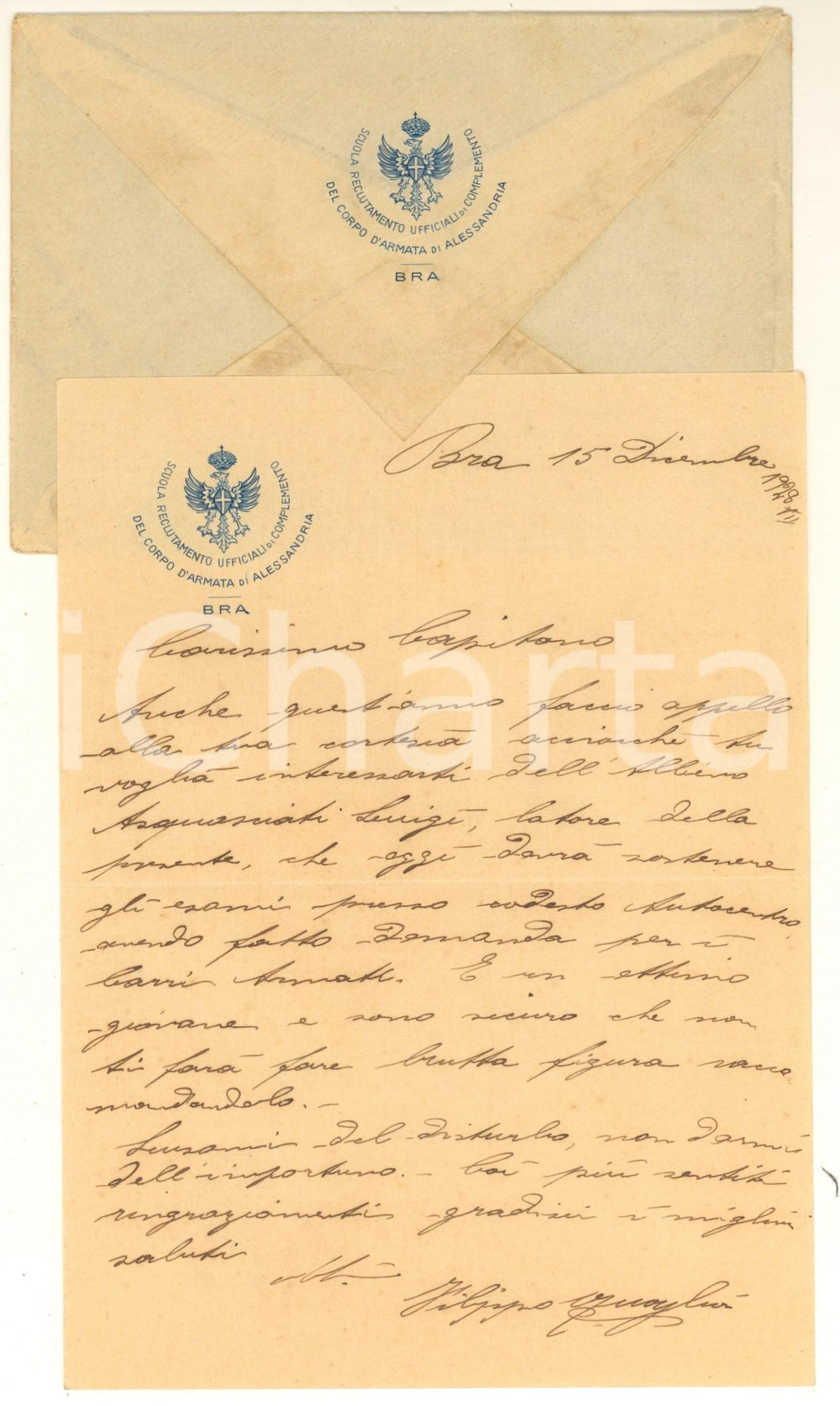 Manoscritto, lettera originale 1928 BRA Lettera uff. Filippo GRAGLIA  Scuola Reclutamento Ufficiali 1