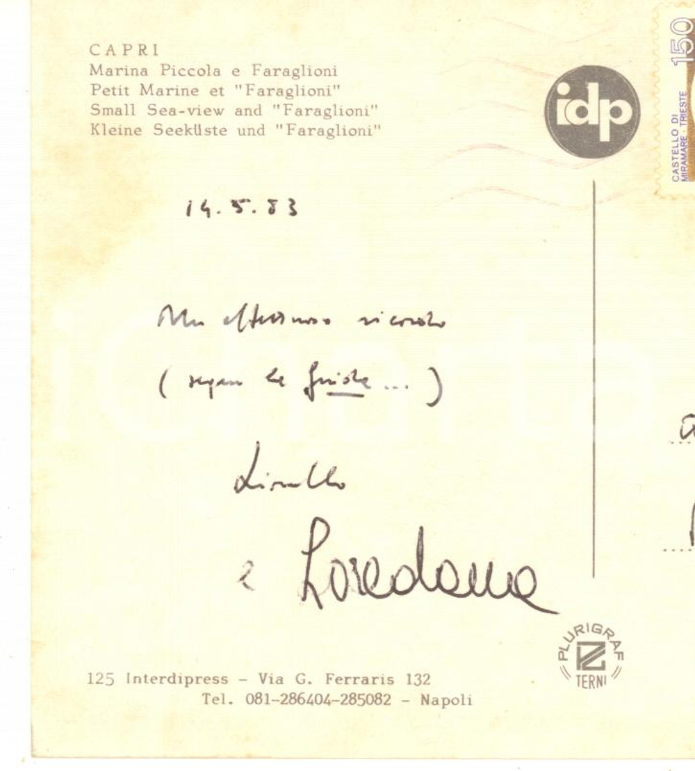 Autografo originale 1983 CAPRI Autografo di Lionello PUPPI  Cartolina FG VG 1