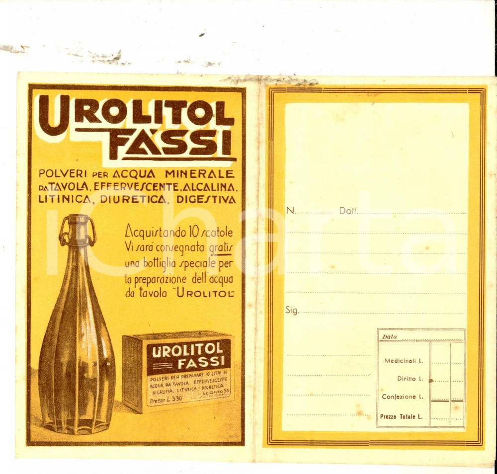 Materiale pubblicitario d’epoca 1915 ca TORINO Istituto FASSI Busta portanegativi UROLITOL ANTOSSE 10 1