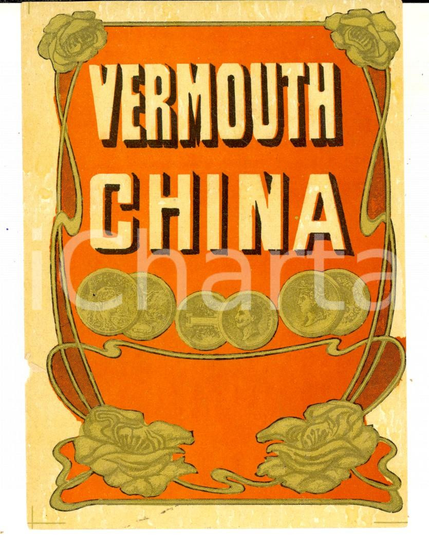 Materiale pubblicitario d’epoca 1920 ca Liquore VERMOUTH CHINA Etichetta pubblicitaria VINTAGE 10x13 3 1
