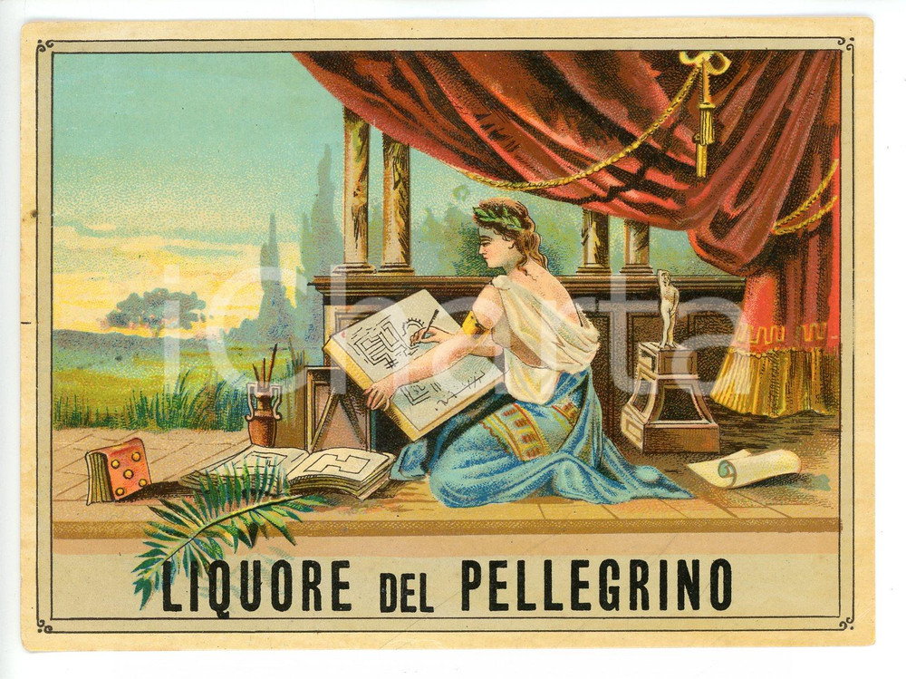 Materiale pubblicitario d’epoca 1920 ca LIQUORE DEL PELLEGRINO Etichetta pubblicitaria 13x10 cm 4 1