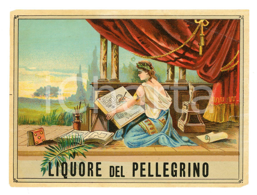 Materiale pubblicitario d’epoca 1920 ca LIQUORE DEL PELLEGRINO Etichetta pubblicitaria 13x10 cm 2 1