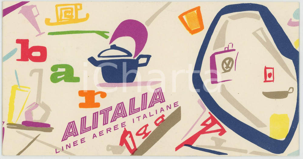Materiale pubblicitario d’epoca 1980 ca ALITALIA Linee aeree italiane Pieghevole pubblicitario bar ill. DETUDDO 1