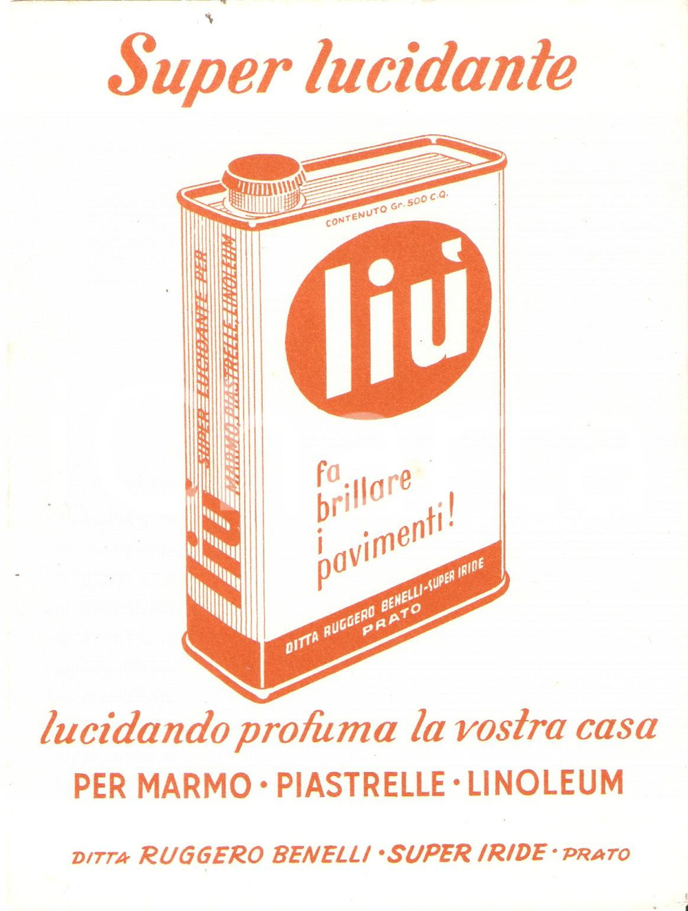 Materiale pubblicitario d’epoca 1950 ca PRATO Ruggero BENELLI  Super lucidante LIU  Cartoncino pubblicitario 11 1