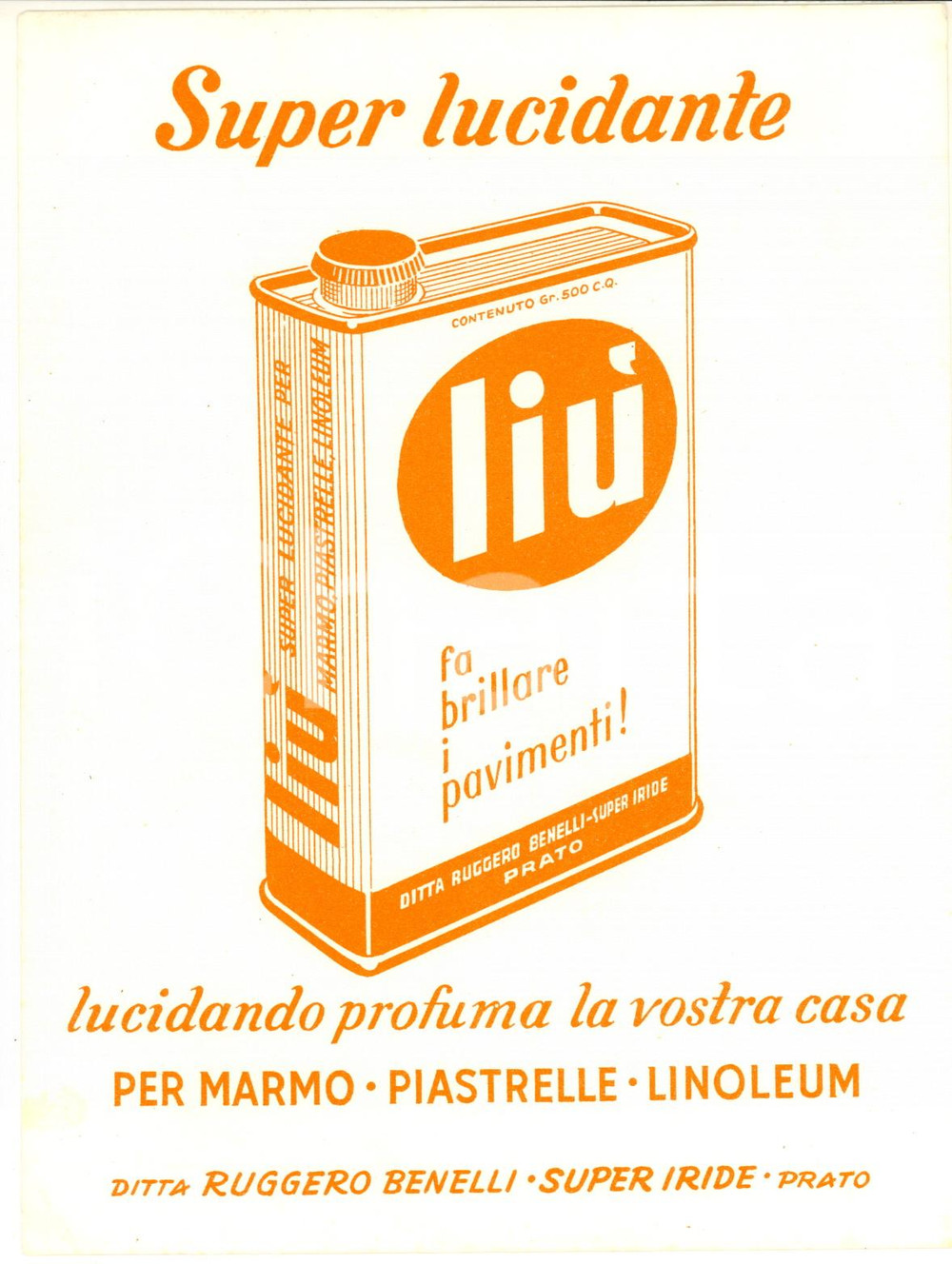 Materiale pubblicitario d’epoca 1950 ca PRATO Ruggero BENELLI  Super lucidante LIU  Cartoncino pubblicitario 5 1