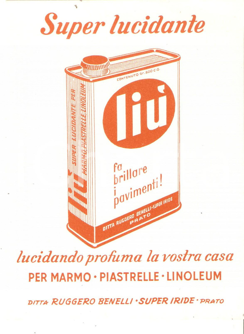 Materiale pubblicitario d’epoca 1950 ca PRATO Ruggero BENELLI  Super lucidante LIU  Cartoncino pubblicitario 10 1