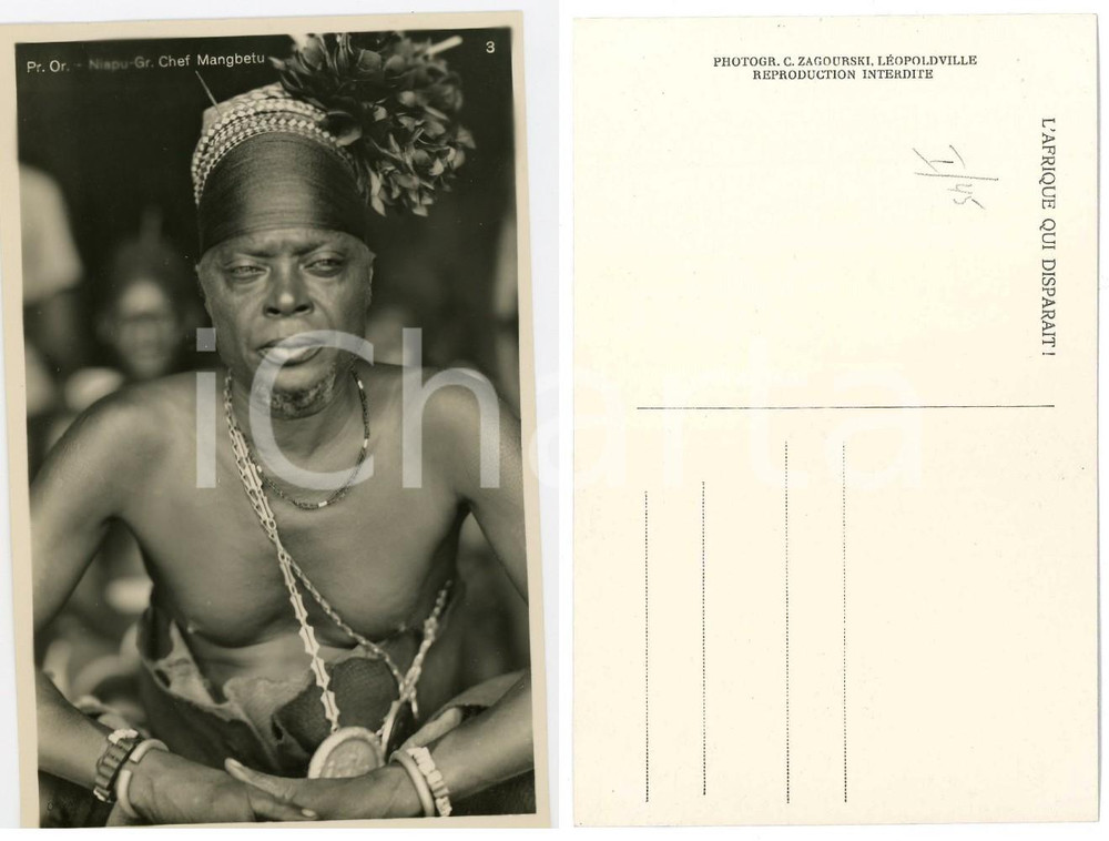 1930 ca ZAGOURSKI «L'Afrique qui disparaît» MANGBETU Grand chef - Postcard 45  Fotocartolina postale d'epoca, appartenente alla I^ serie &laquo;L'Afrique qui dispara&icirc;t&raquo; del fotografo Casimir Zagourski (L&eacute;opoldville).N&deg;45, non viaggiata.CONDIZIONI: GFORMATO: 9x14 cm    originale e autentica 1