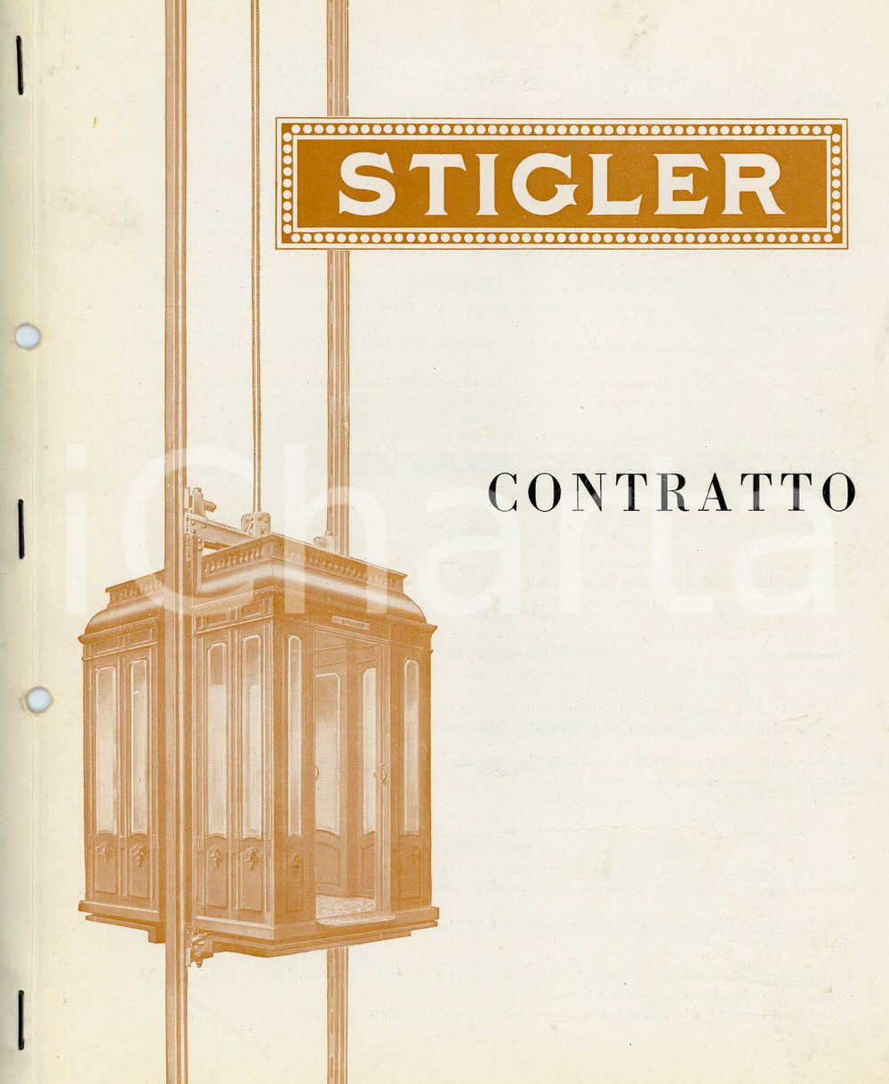 1928 MILANO Officine meccaniche STIGLER Contratto fornitura ascensori elettrici Documento d'epoca.PAGINE: 4 POOR/danneggiato Piegatura centrale d'epoca, fori da classificatore al margine sinistro, lievi gualciture e bruniture Formato: 22x28 cm originale e autentica 1