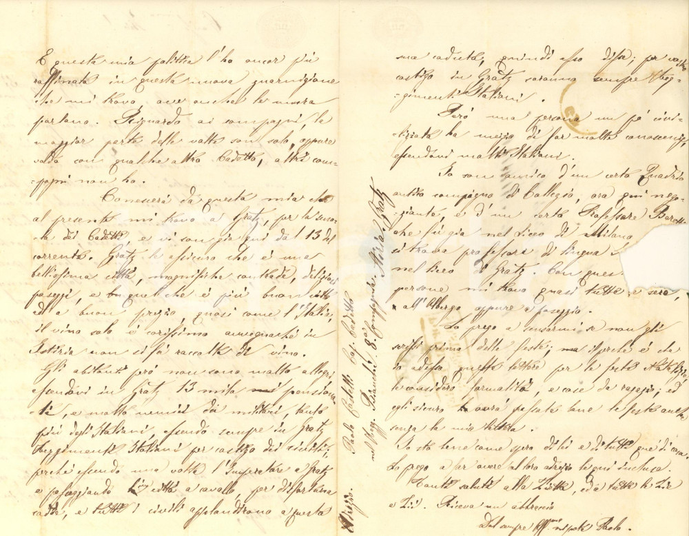 Manoscritto, lettera originale 1857 GRAZ Lettera Paolo CASTELLI  Vita da cadetto italiano Reggimento Bianchi 1