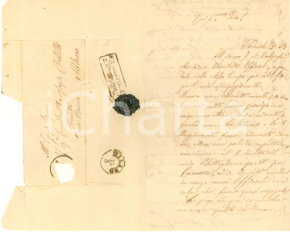 Manoscritto, lettera originale 1857 COMORN HUNGARY Lettera Paolo CASTELLI ufficiale bisognoso di corredo 1