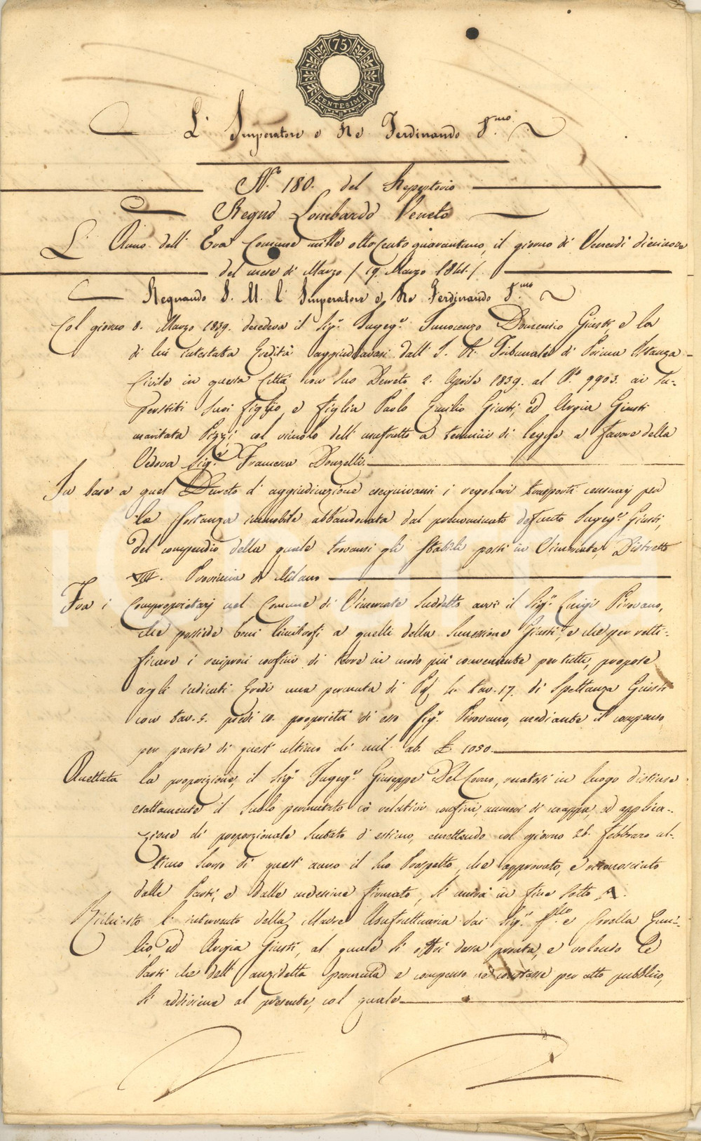 Documento originale, autentico 1841 VIMERCATE Emilio GIUSTI vende fondo rurale a Luigi PIROVANO Documento 1