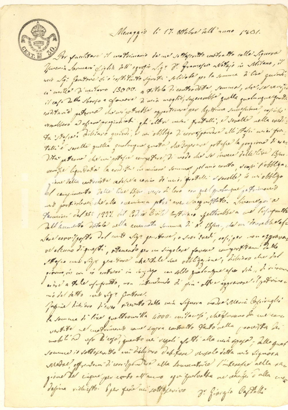 Documento originale, autentico 1831 MENAGGIO Giorgio CASTELLI su denaro ricevuto per nozze con Ismenia SORMANI 1