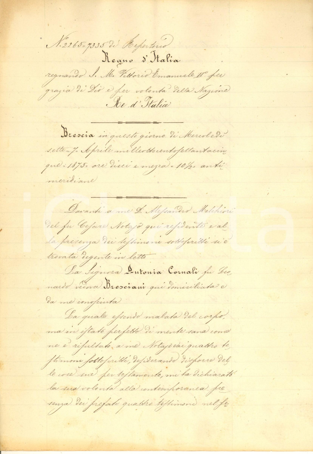 1875 BRESCIA Testamento Antonia CORNALI - Avviamento e ditta ai figli Documento manoscritto, originale d'epoca, contenente il testamento di Antonia Cornali, che dichiara di lasciare la propria attività ai figli.PAGINE: 4 (3 scritte) FAIR/discreto piegature d'epoca Formato: 22x31 cm originale e autentica 1