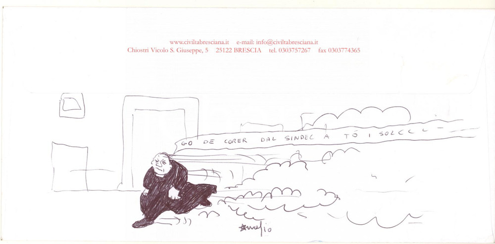 2007 BRESCIA Artista Aurelio FORNASARI - Don Luigi FOSSATI *Disegno su busta (2) Disegno originale, realizzato dall'artista bresciano Aurelio Fornasari sul retro di una busta della Fondazione Civiltà Bresciana, con firma autografa.Si tratta di una interpretazione personale e curiosa della figura del noto sacerdote bresciano don Luigi Fossati. GOOD/buono  Formato: 23x11 cm originale e autentica 1