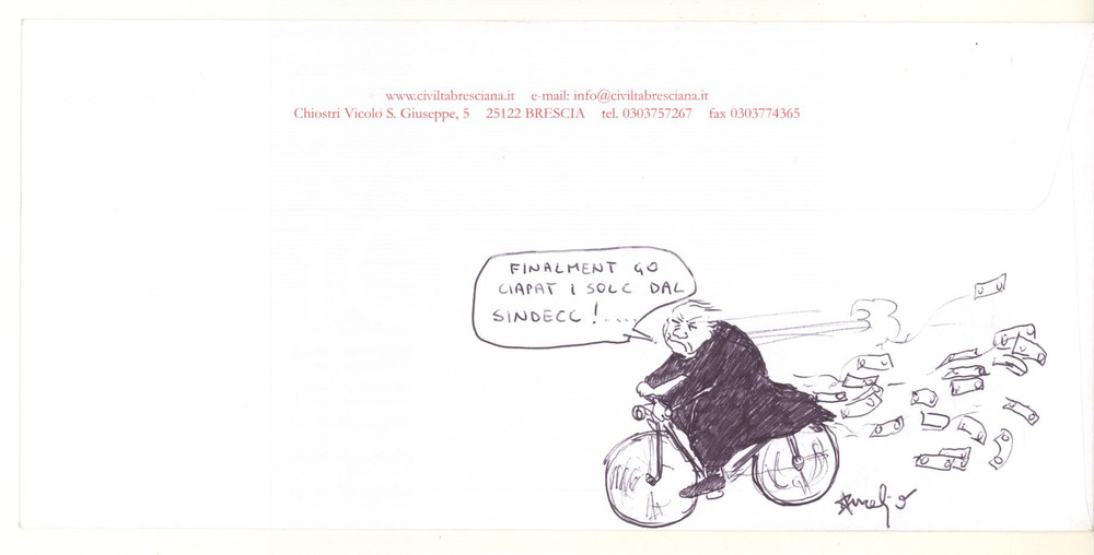 2007 BRESCIA Artista Aurelio FORNASARI - Don Luigi FOSSATI *Disegno su busta (3) Disegno originale, realizzato dall'artista bresciano Aurelio Fornasari sul retro di una busta della Fondazione Civiltà Bresciana, con firma autografa.Si tratta di una interpretazione personale e curiosa della figura del noto sacerdote bresciano don Luigi Fossati. GOOD/buono  Formato: 23x11 cm originale e autentica 1
