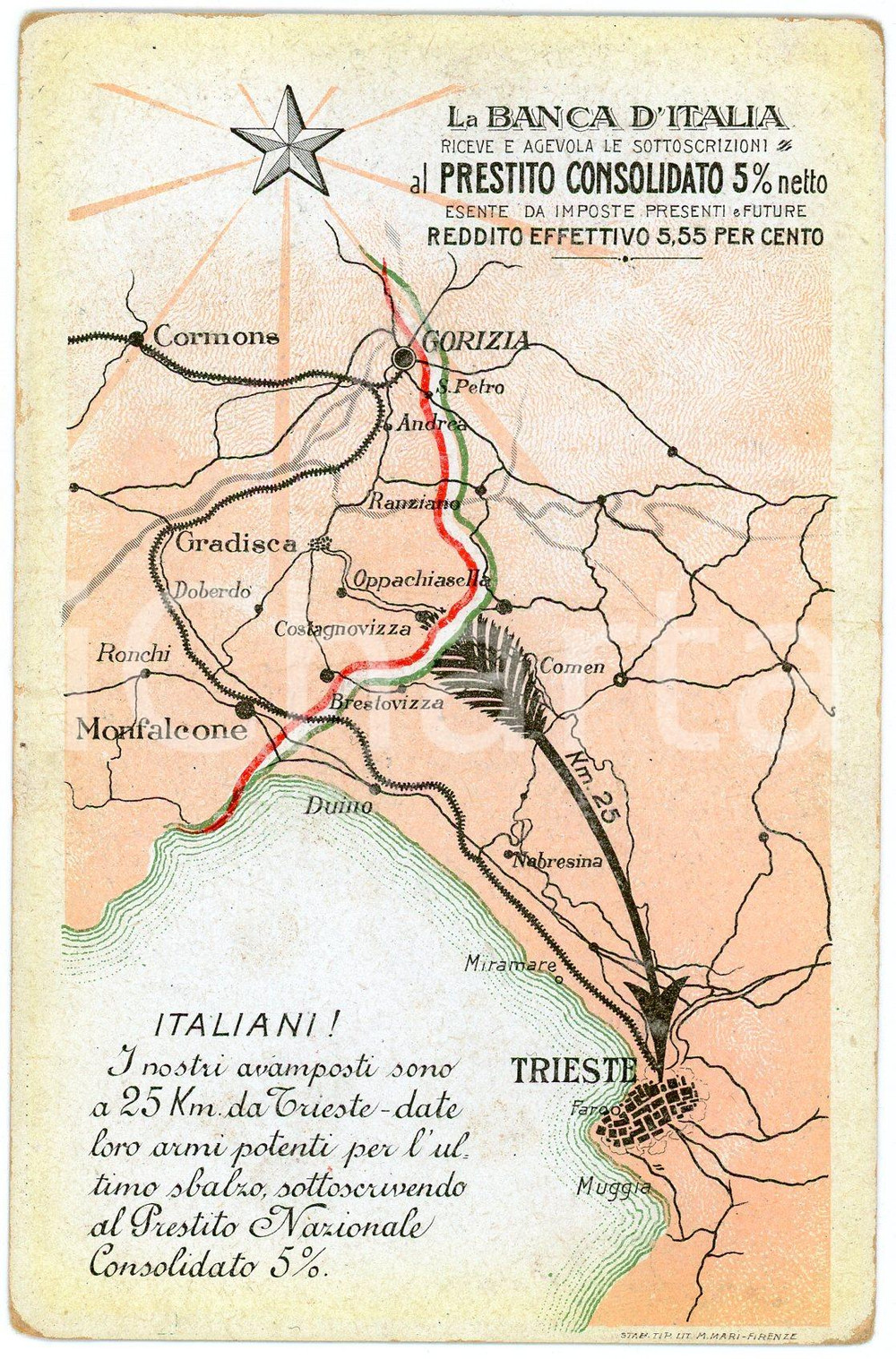 1915 ca TRIESTE - BANCA D'ITALIA Prestito consolidato - Cartolina ILLUSTRATA   Cartolina postale d'epoca, non viaggiata.CONDIZIONI: FAIR (smussature agli angoli e lieve alone al margine)FORMATO: FP    originale e autentica 1