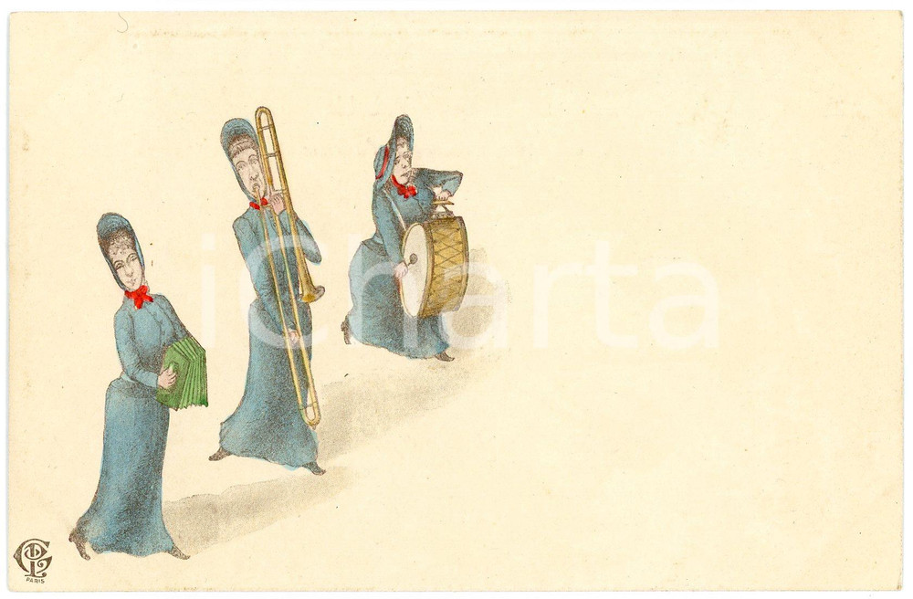1900 ca HUMOUR Three women playing instruments ILLUSTRATED Postcard   Cartolina postale d'epoca, non viaggiata.CONDIZIONI: FAIRFORMATO: FP    originale e autentica 1