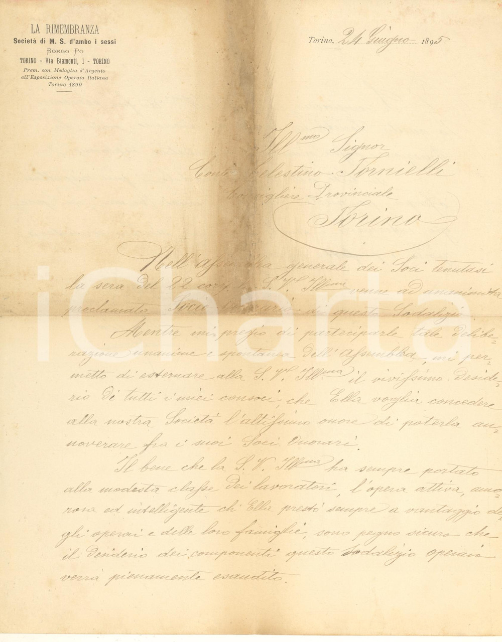 Documento originale, autentico 1895 TORINO BORGO PO Conte Celestino TORNIELLI socio onorario LA RIMEMBRANZA 1
