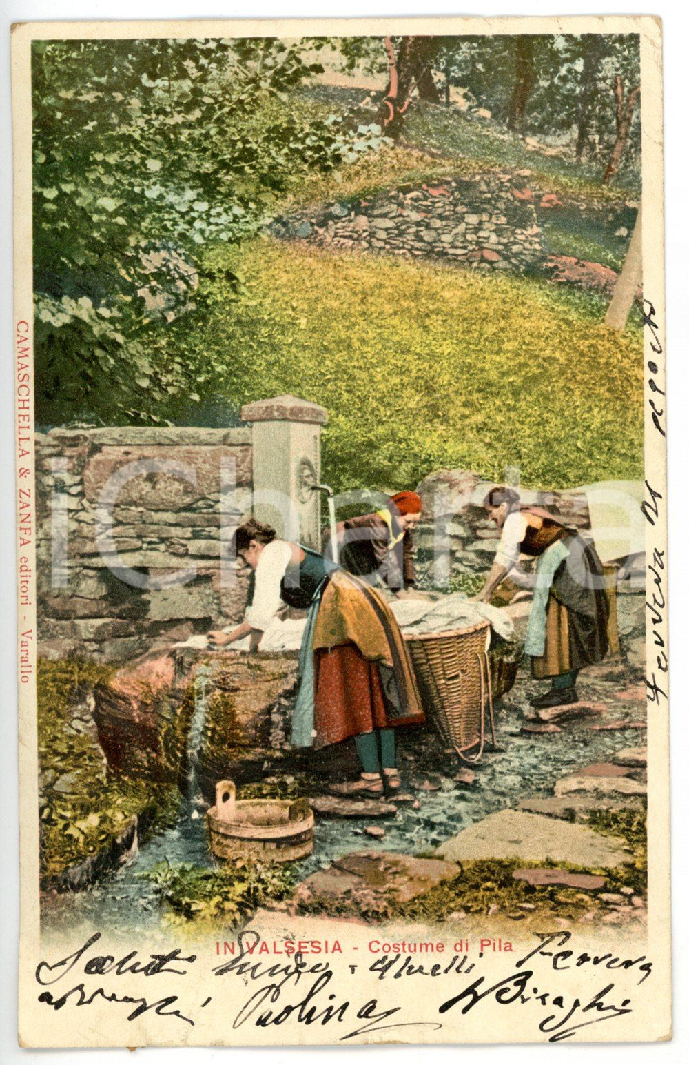 1903 PILA (VC) COSTUME Lavandaie al fiume SESIA *Cartolina ILLUSTRATA FP VG Cartolina d'epoca, viaggiata.  CONDIZIONI: FAIR (piegatura al margine inferiore) FORMATO: FP    originale e autentica 1