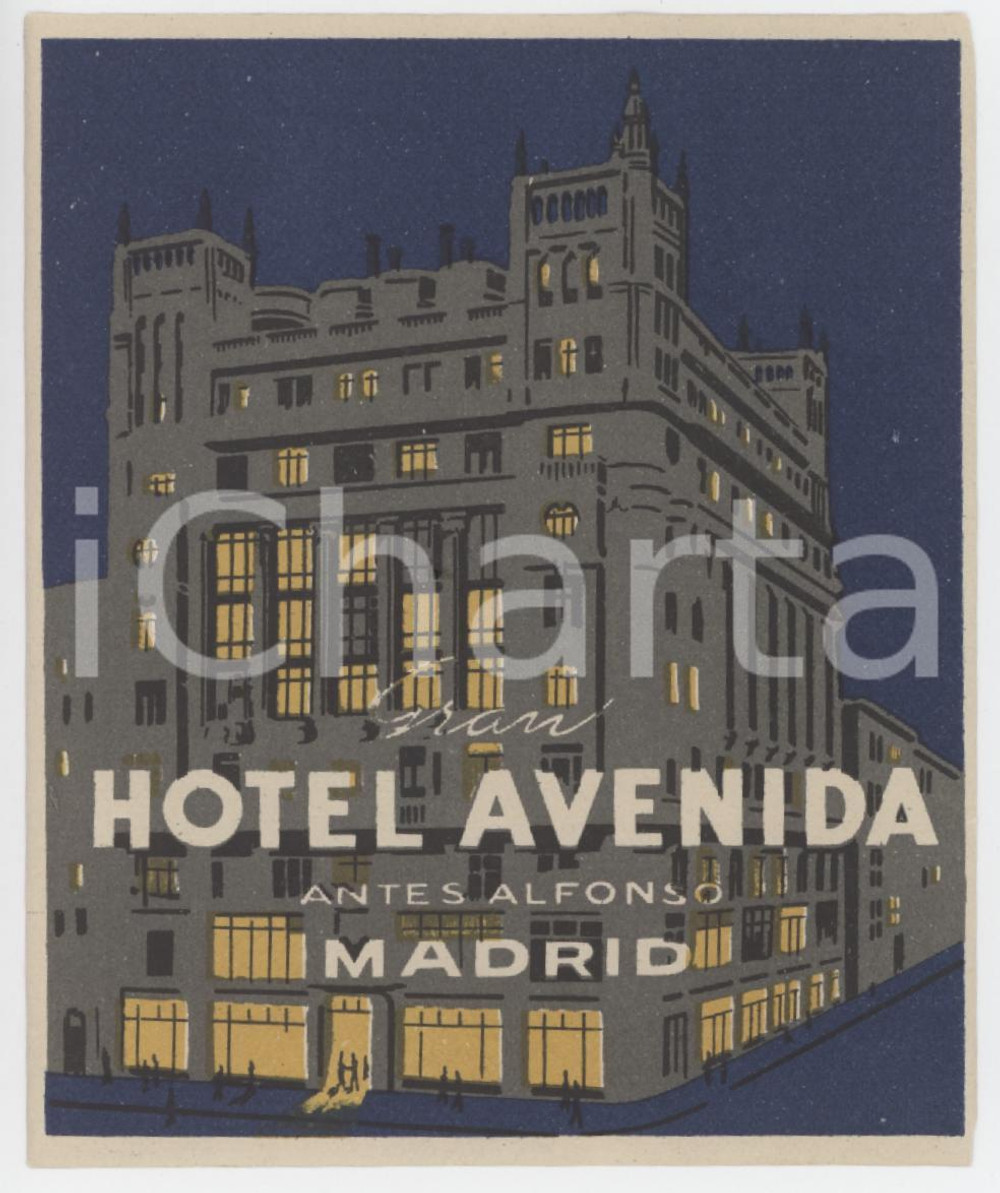 1930 ca MADRID Gran Hotel Avenida antes Alfonso - Etichetta 7x8 cm (1) Etichetta d'epoca.  FAIR/discreto Lievi piegature Formato: 7x8 originale e autentica 1