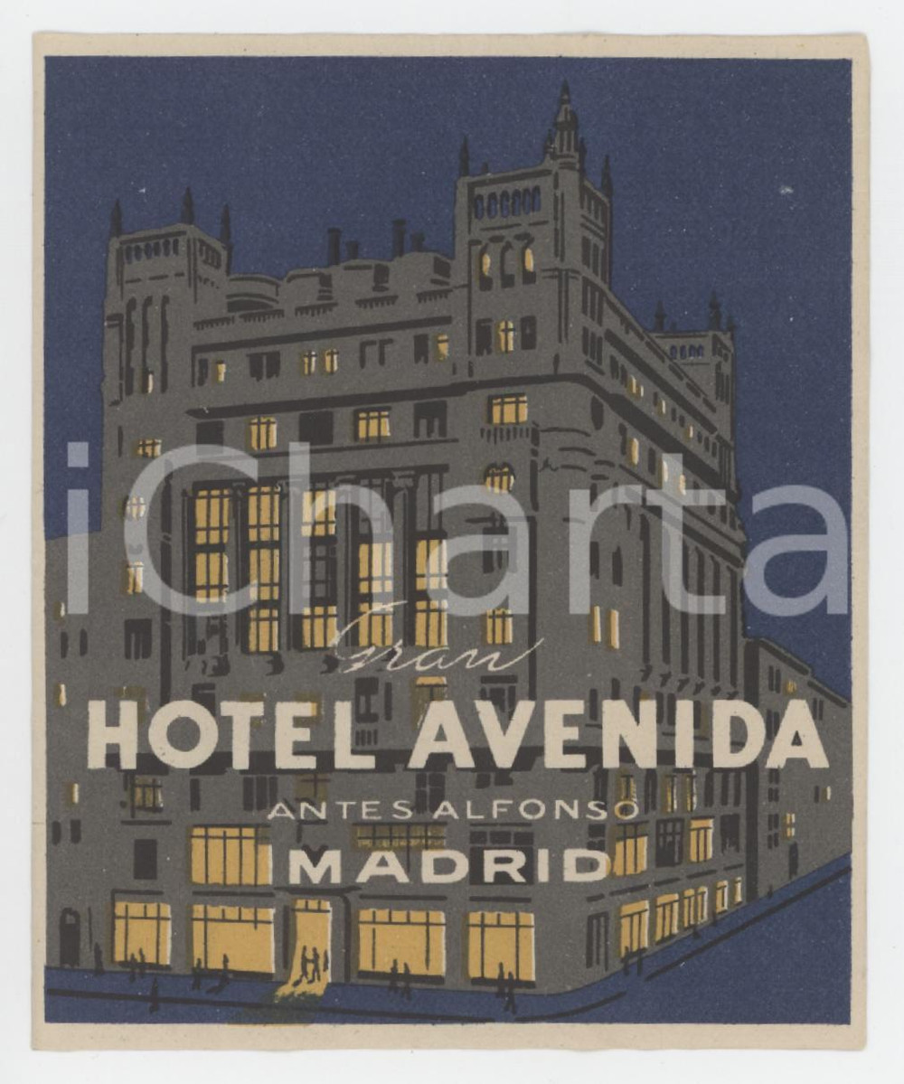 1930 ca MADRID Gran Hotel Avenida antes Alfonso - Etichetta 7x8 cm (3) Etichetta d'epoca.  FAIR/discreto Lievi piegature Formato: 7x8 originale e autentica 1