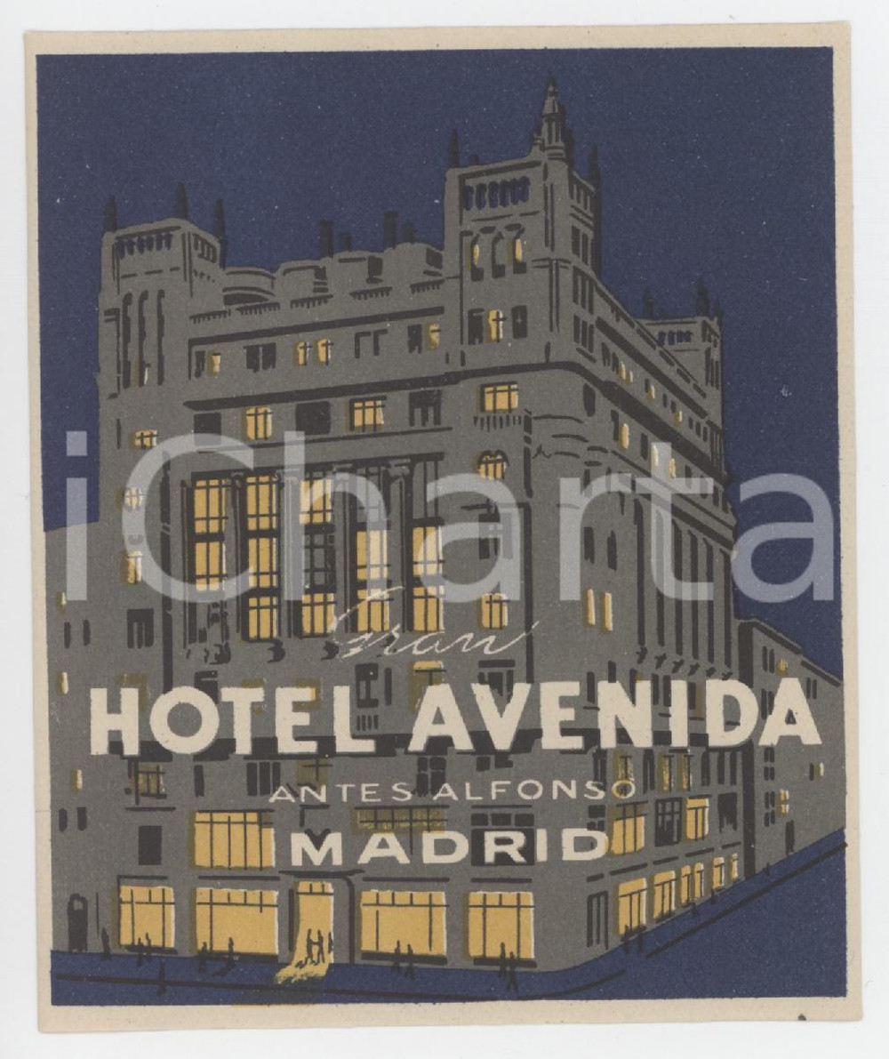 1930 ca MADRID Gran Hotel Avenida antes Alfonso - Etichetta 7x8 cm (4) Etichetta d'epoca.  FAIR/discreto Lievi piegature Formato: 7x8 originale e autentica 1