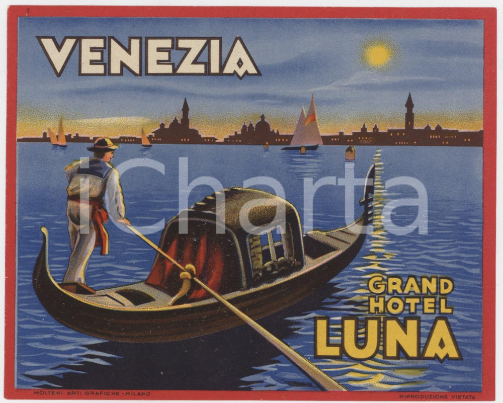 1940 ca VENEZIA Grand Hotel Luna - Gondoliere - Etichetta ILLUSTRATA 12x10 (4) Etichetta d'epoca.  GOOD/buono  Formato: 12x10 cm originale e autentica 1