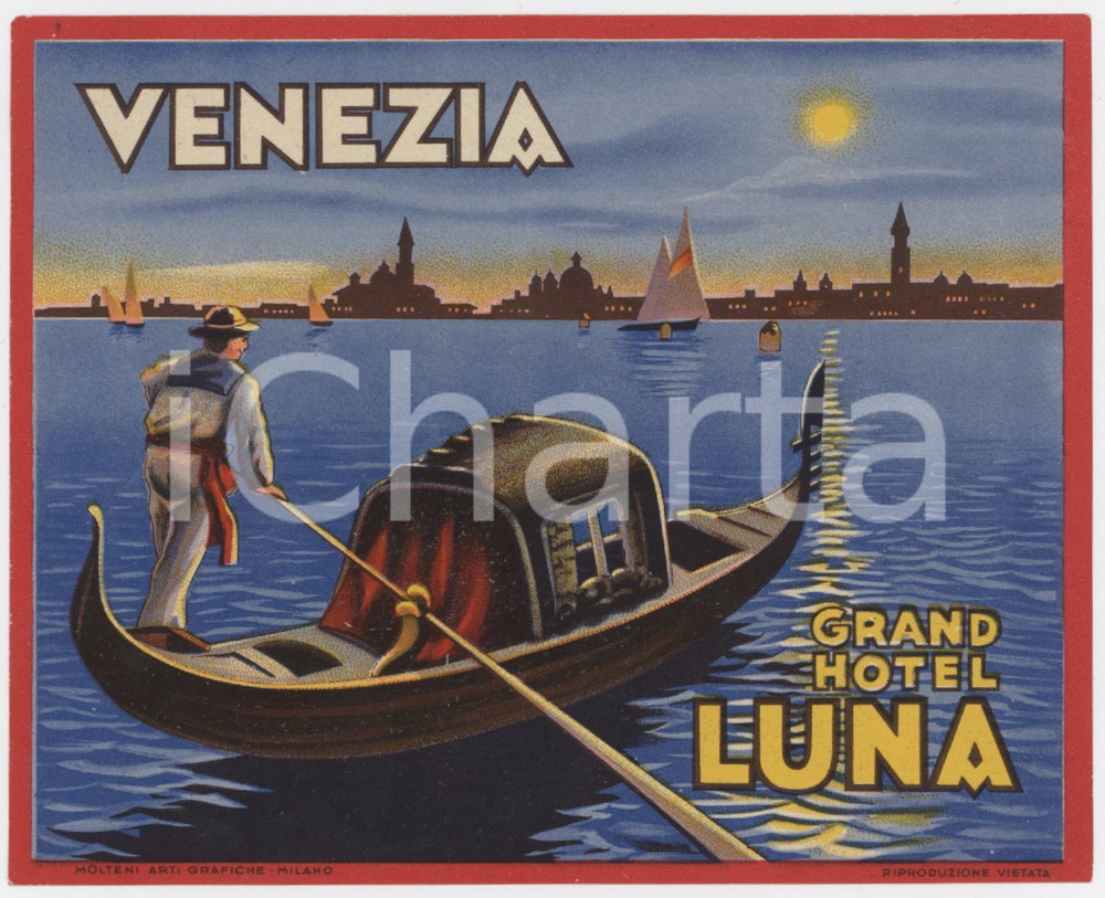 Materiale pubblicitario d’epoca 1940 ca VENEZIA Grand Hotel Luna  Gondoliere  Etichetta ILLUSTRATA 12x10 3 1