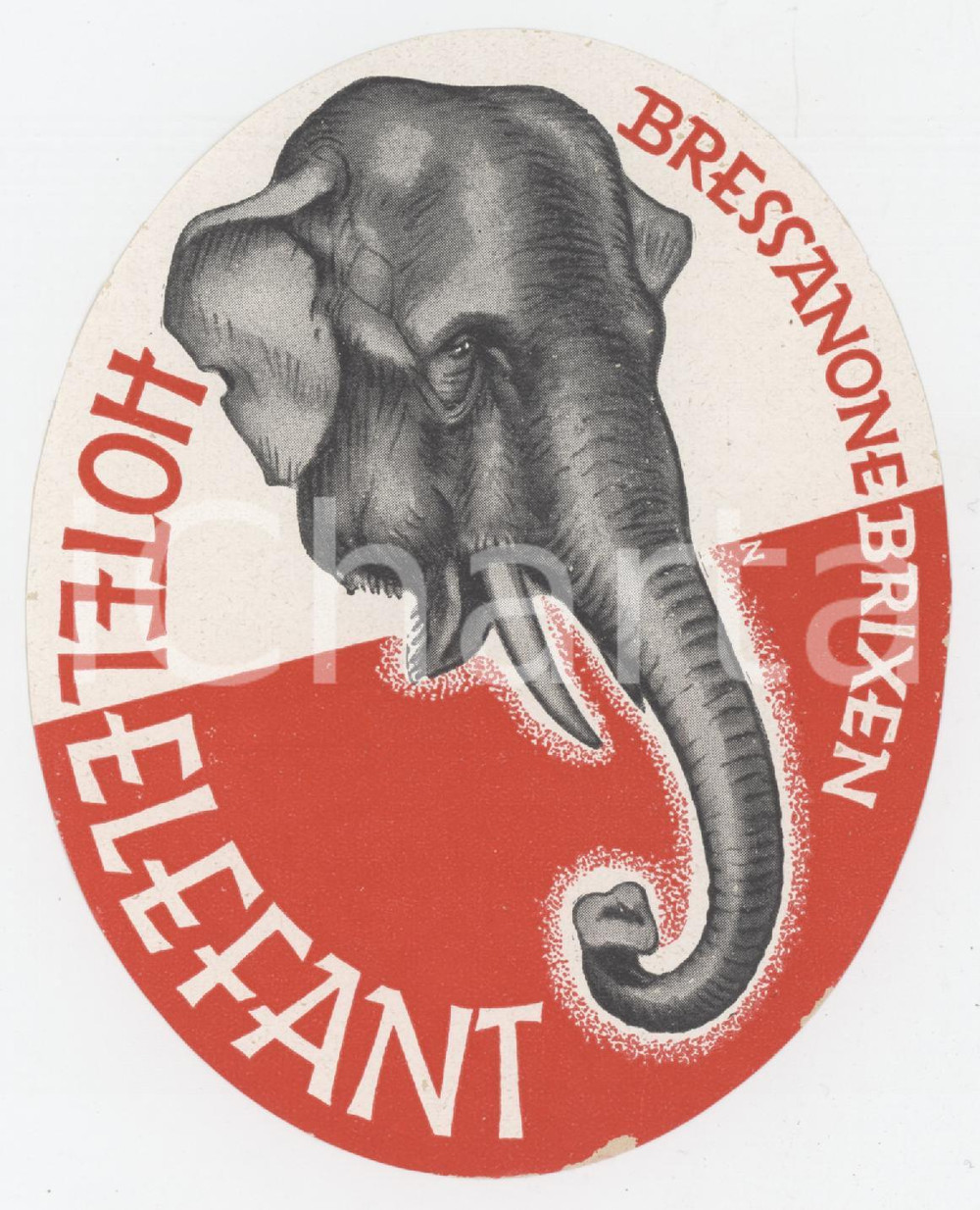 Materiale pubblicitario d’epoca 1940 ca BRESSANONE  BRIXEN Hotel Elefant  Etichetta ILLUSTRATA 9x11 cm 1