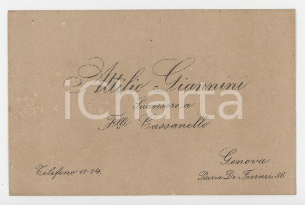 1920 ca GENOVA Attilio GIANNINI Successore F.lli CASSANELLO *Biglietto da visita Biglietto da visita d'epoca. GOOD/buono  Formato: 11x7 cm originale e autentica 1