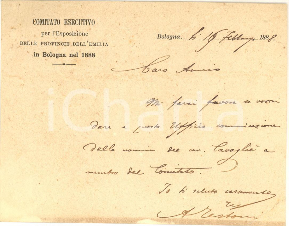 Autografo originale 1888 BOLOGNA Biglietto Alfredo TESTONI Comitato Esposizione 1888  AUTOGRAFO 1