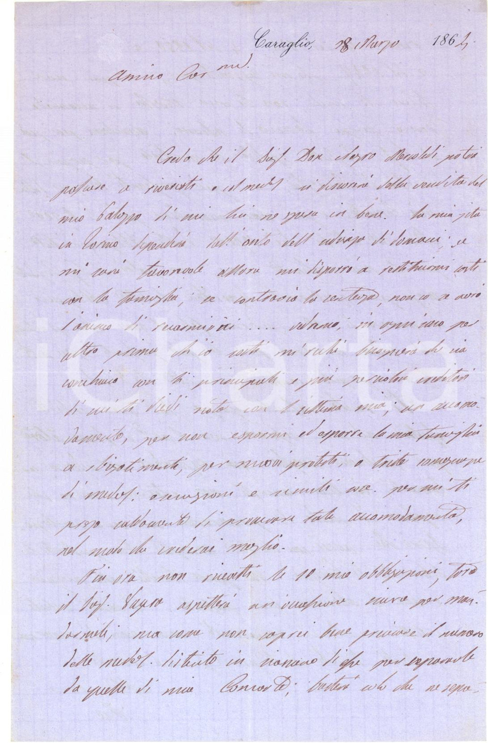 Autografo originale 1864 CARAGLIO Conte Pio D AGLIANO sulla vendita del proprio palazzo  AUTOGRAFO 1
