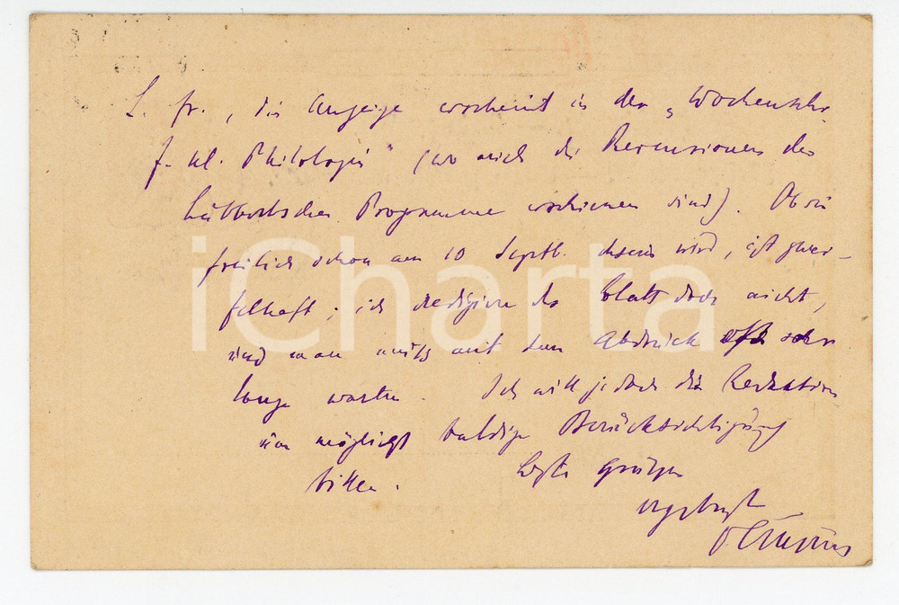 Autografo originale 1889 TUBINGEN Cartolina prof. Otto CRUSIUS a Luigi CERRATO  AUTOGRAFO 1