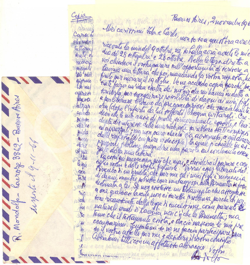 1964 BUENOS AIRES Lettera Rodolfo MONDOLFO su questioni familiari - AUTOGRAFO Lunga lettera, interamente autografa, del filosofo Rodolfo Mondolfo a Carlo e Ida Fu&agrave;, relativa a questioni familiari. Busta viaggiata. CONDIZIONI: FAIR (piegature d'epoca)FORMATO: 14x22 cmPAGINE: 5 facciate    originale e autentica 1