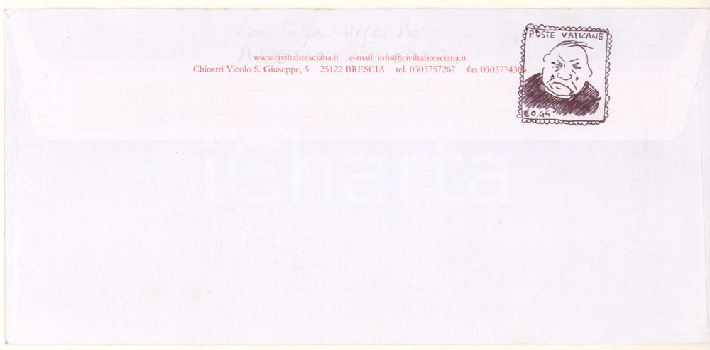 2007 BRESCIA Artista Aurelio FORNASARI - Don Luigi FOSSATI *Disegno su busta (6) Disegno originale, realizzato dall'artista bresciano Aurelio Fornasari sul retro di una busta della Fondazione Civiltà Bresciana, con firma autografa.Si tratta di una interpretazione personale e curiosa della figura del noto sacerdote bresciano don Luigi Fossati. GOOD/buono  Formato: 23x11 cm originale e autentica 1