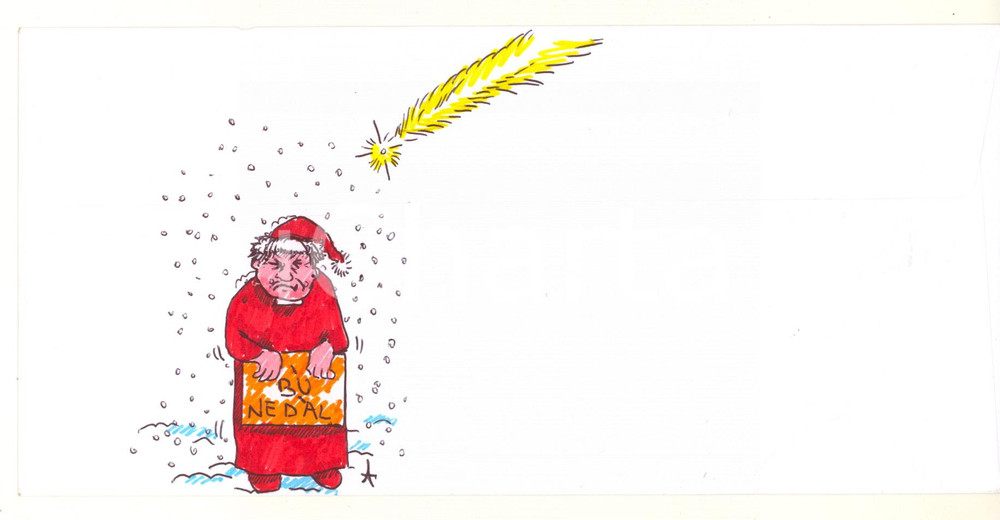2007 BRESCIA Artista Aurelio FORNASARI - Don Luigi FOSSATI *Disegno su busta (8) Disegno originale, realizzato e colorato dall'artista bresciano Aurelio Fornasari sul retro di una busta della Fondazione Civiltà Bresciana, con firma autografa.Si tratta di una interpretazione personale e curiosa della figura del noto sacerdote bresciano don Luigi Fossati. GOOD/buono  Formato: 23x11 cm originale e autentica 1