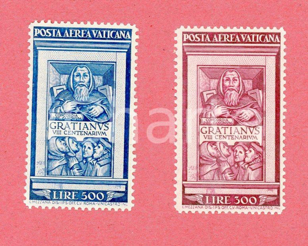 1951 VATICANO Posta aerea GRATIANUS VIII Centenarium - Lotto 2 francobolli Serie completa di due francobolli (lire 300 e lire lire 500). Cat. Unificato/Yvert. A20/A21 GOOD/buono  Formato: 2x4  cm originale e autentica 1
