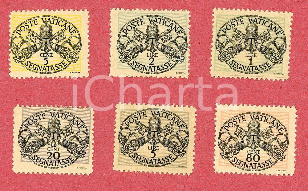 1946 VATICANO Poste Vaticane - Serie completa 6 valori SEGNATASSE RIGHE LARGHE Serie completa di 6 valori segnatasse con righe larghe. Cat. Unificato 13/18 GOOD/buono  Formato: 2.3 x 2 cm originale e autentica 1
