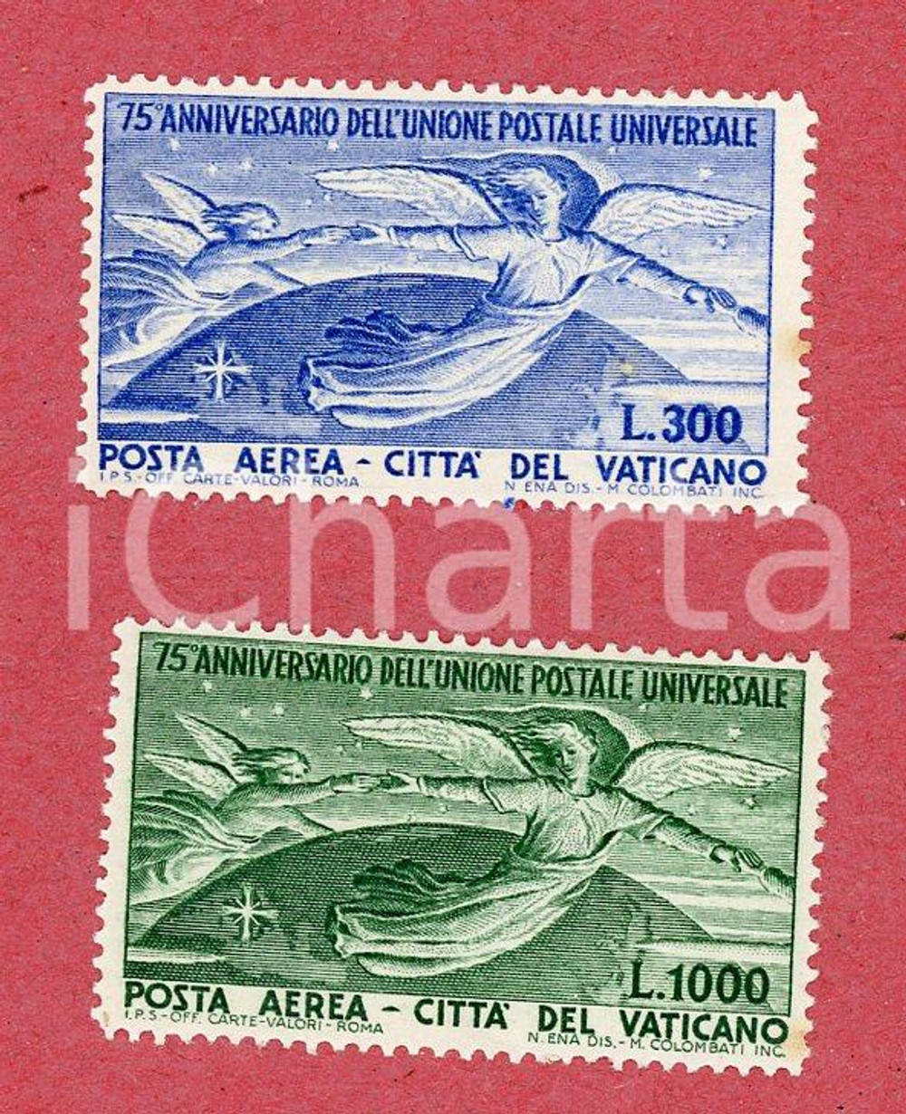 1949 VATICANO Posta Aerea 75° anniversario UPU Serie completa francobolli Serie completa di 2 francobolli (Lire 300, Lire 1000). GOOD/buono  Formato: 4x2 cm originale e autentica 1