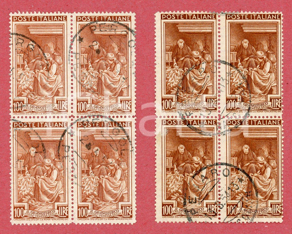1950 POSTE ITALIANE Granoturco FRIULI VENEZIA GIULIA 8 francobolli usati Lotto di 8 francobolli usati, con timbro datario. GOOD/buono  Formato: 2x4 cm originale e autentica 1