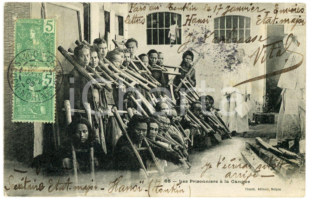 1906 VIETNAM Prisonniers à la cangue - Postcard INDOCHINE FRANCAISE 2  Cartolina postale d'epoca, viaggiata.CONDIZIONI: G FORMATO: FPEDITORE: Plant&eacute; - Saigon    originale e autentica 1