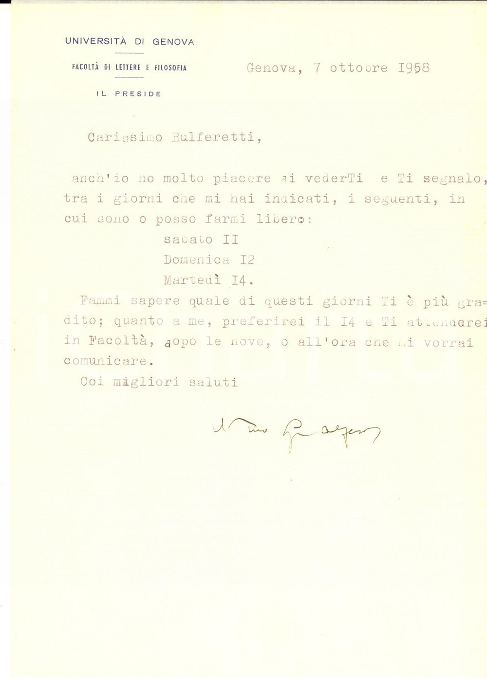 Autografo originale 1958 GENOVA Facoltà di Lettere  Giovanni Angelo ALFERO a un collega AUTOGRAFO 1