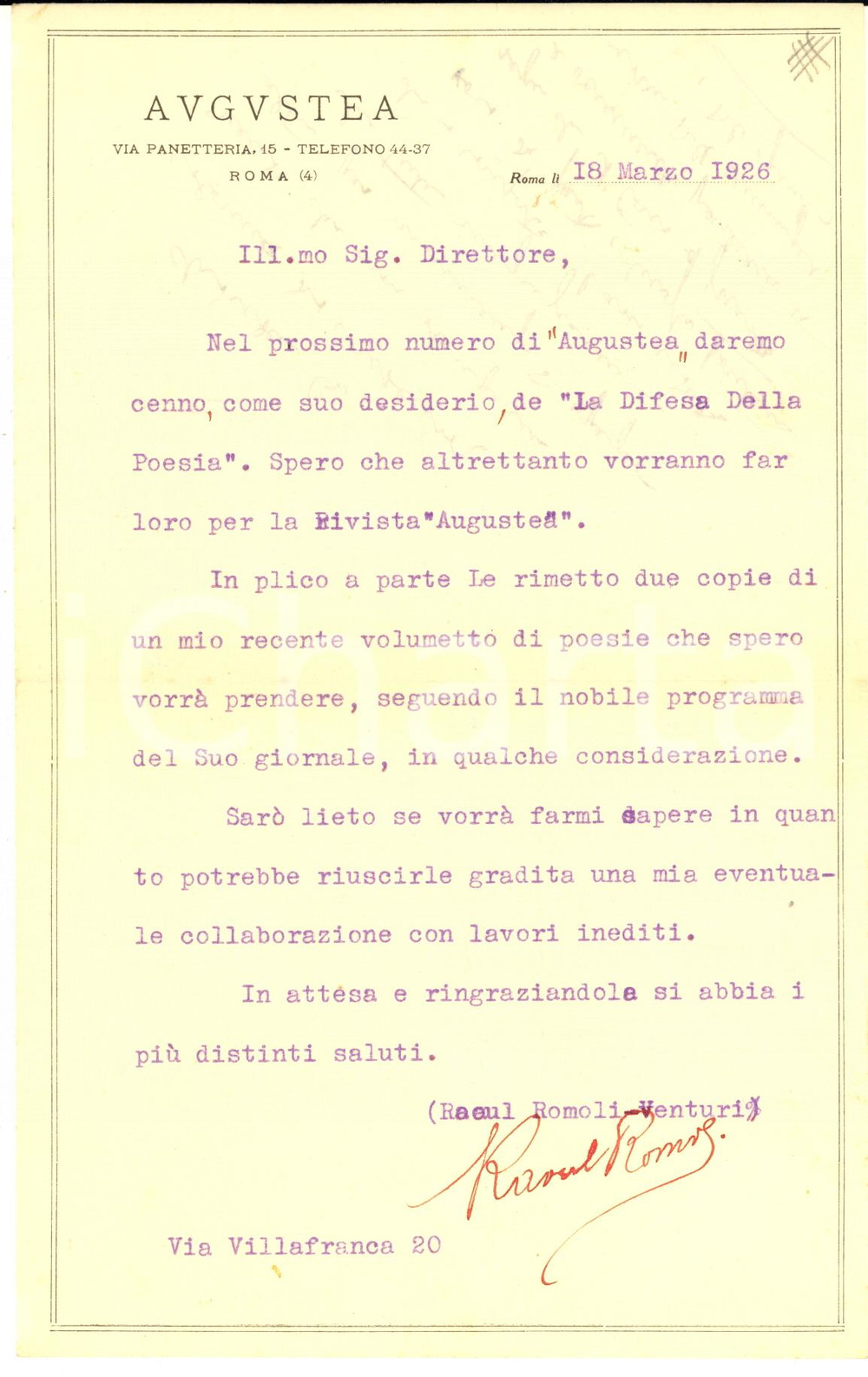 Autografo originale 1926 ROMA Lettera Raoul ROMOLI VENTURI per La Difesa della Poesia AUTOGRAFO 1