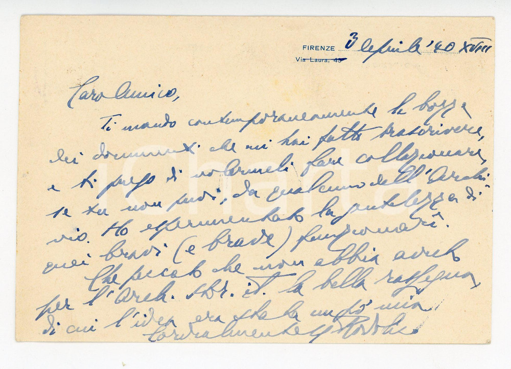 Autografo originale 1940 FIRENZE Cartolina Niccolò RODOLICO per invio bozze  Autografo 1